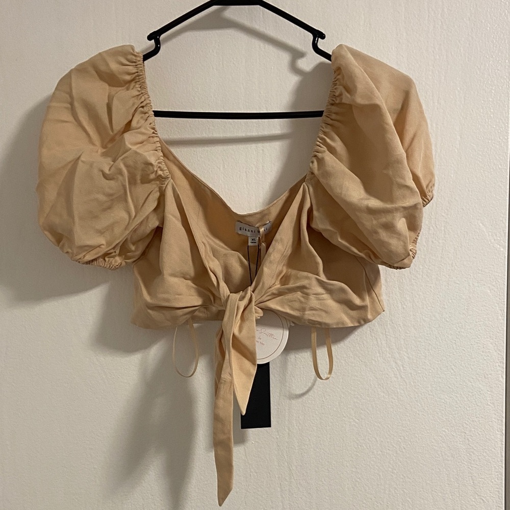 Gianni Bini Tan Puff Sleeve Tie-Front Blouse